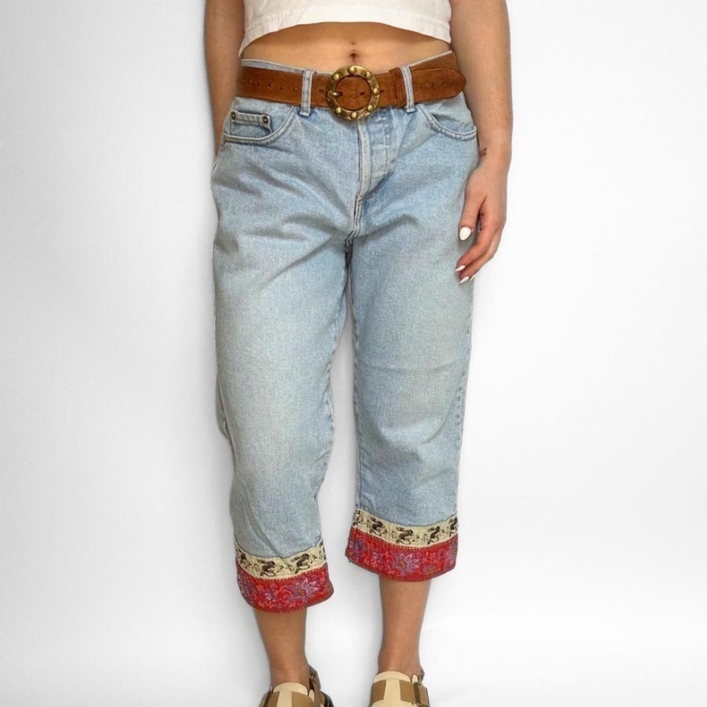 LONDONJEAN Blue Ankle Cropped Jeans with Red Trim